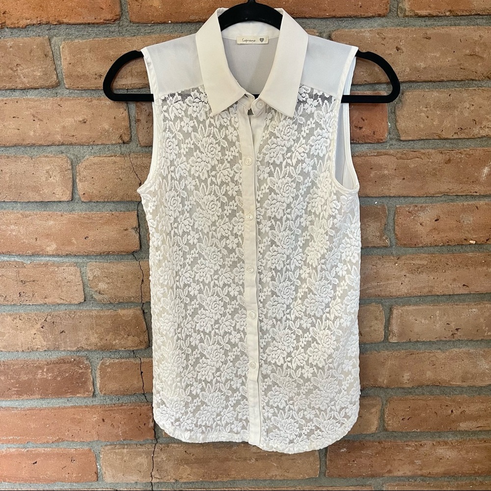 White lace front button down
